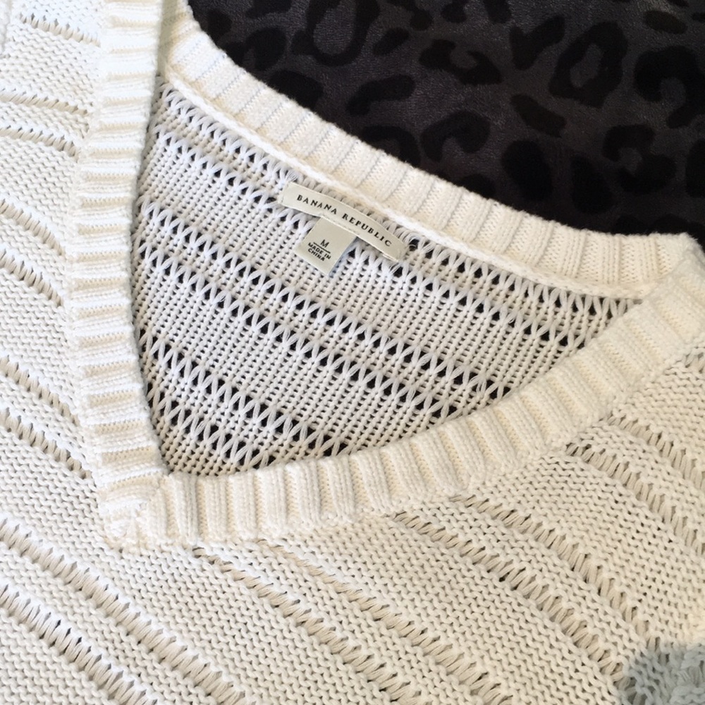 Banana Republic Ivory Open-Knit V-Neck Sweater